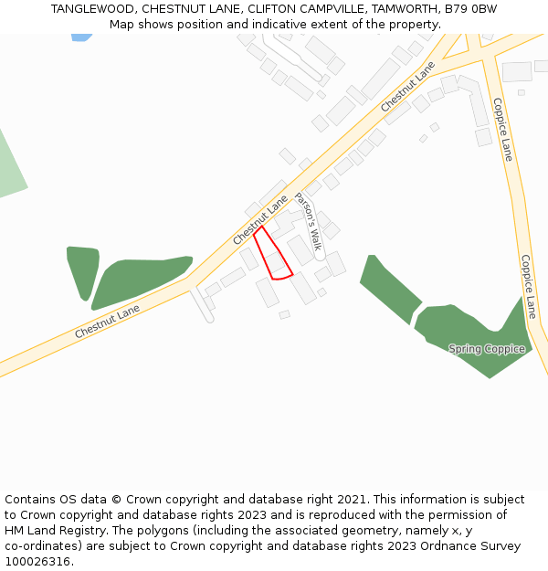 TANGLEWOOD, CHESTNUT LANE, CLIFTON CAMPVILLE, TAMWORTH, B79 0BW: Location map and indicative extent of plot