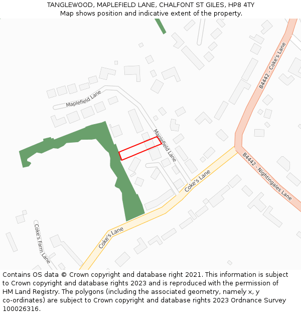 TANGLEWOOD, MAPLEFIELD LANE, CHALFONT ST GILES, HP8 4TY: Location map and indicative extent of plot