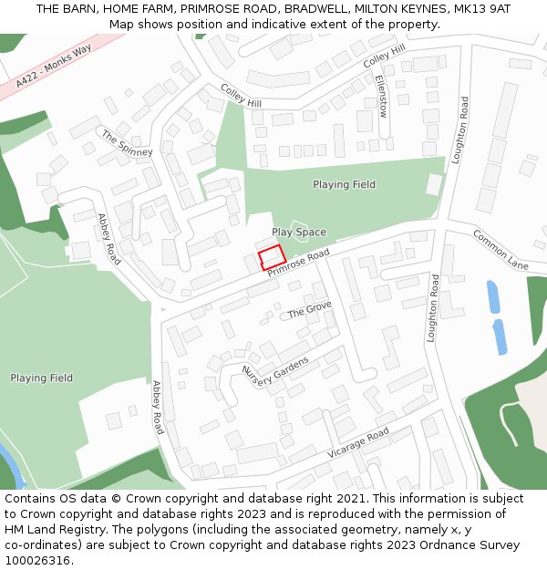 THE BARN, HOME FARM, PRIMROSE ROAD, BRADWELL, MILTON KEYNES, MK13 9AT: Location map and indicative extent of plot