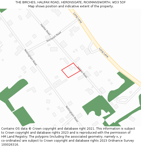 THE BIRCHES, HALIFAX ROAD, HERONSGATE, RICKMANSWORTH, WD3 5DF: Location map and indicative extent of plot