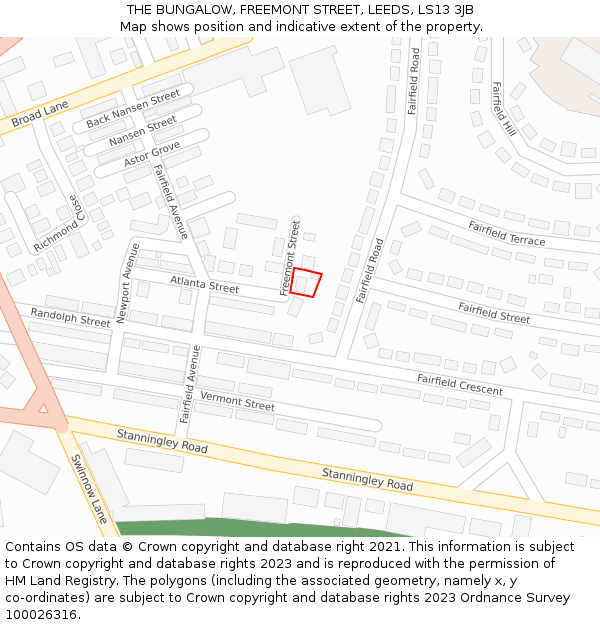 THE BUNGALOW, FREEMONT STREET, LEEDS, LS13 3JB: Location map and indicative extent of plot