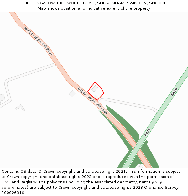 THE BUNGALOW, HIGHWORTH ROAD, SHRIVENHAM, SWINDON, SN6 8BL: Location map and indicative extent of plot