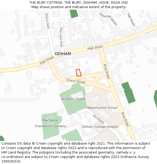 THE BURY COTTAGE, THE BURY, ODIHAM, HOOK, RG29 1ND: Location map and indicative extent of plot