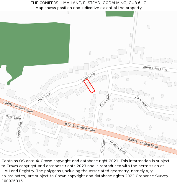 THE CONIFERS, HAM LANE, ELSTEAD, GODALMING, GU8 6HG: Location map and indicative extent of plot