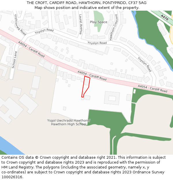 THE CROFT, CARDIFF ROAD, HAWTHORN, PONTYPRIDD, CF37 5AG: Location map and indicative extent of plot