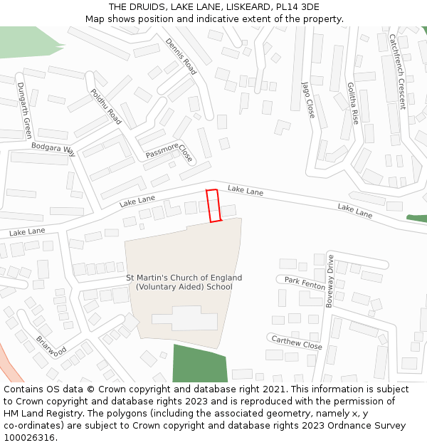 THE DRUIDS, LAKE LANE, LISKEARD, PL14 3DE: Location map and indicative extent of plot