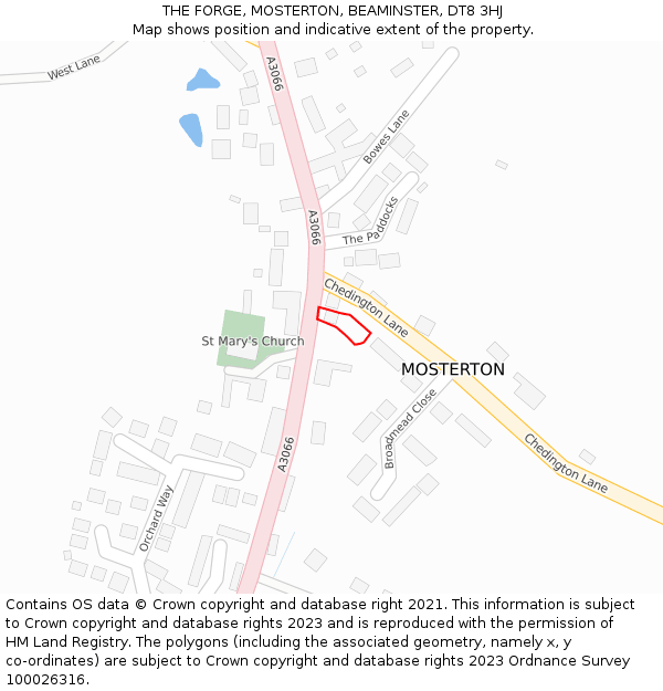 THE FORGE, MOSTERTON, BEAMINSTER, DT8 3HJ: Location map and indicative extent of plot