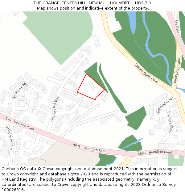 THE GRANGE, TENTER HILL, NEW MILL, HOLMFIRTH, HD9 7LY: Location map and indicative extent of plot