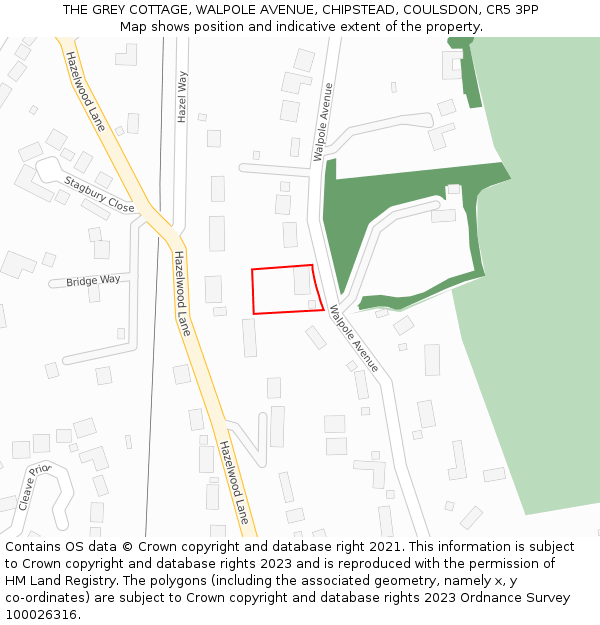 THE GREY COTTAGE, WALPOLE AVENUE, CHIPSTEAD, COULSDON, CR5 3PP: Location map and indicative extent of plot