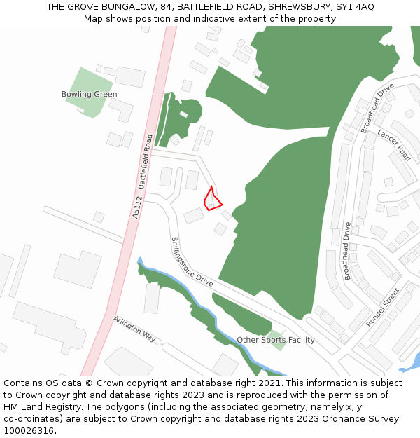 THE GROVE BUNGALOW, 84, BATTLEFIELD ROAD, SHREWSBURY, SY1 4AQ: Location map and indicative extent of plot