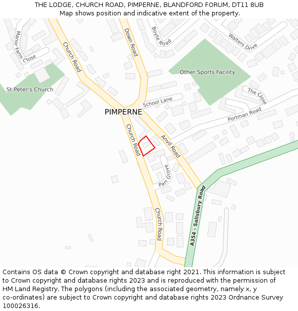 THE LODGE, CHURCH ROAD, PIMPERNE, BLANDFORD FORUM, DT11 8UB: Location map and indicative extent of plot