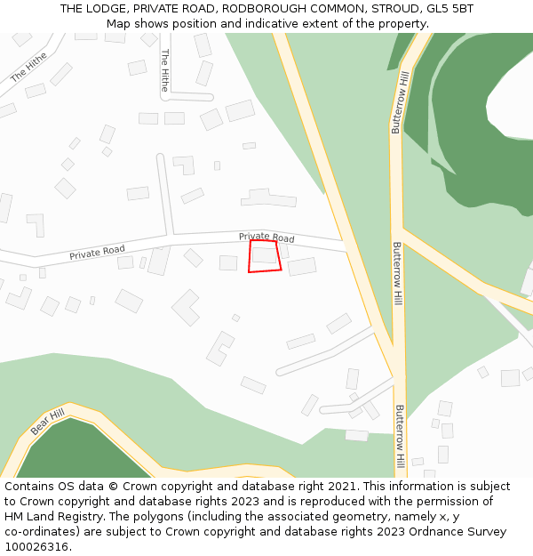 THE LODGE, PRIVATE ROAD, RODBOROUGH COMMON, STROUD, GL5 5BT: Location map and indicative extent of plot