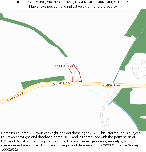 THE LONG HOUSE, CRONDALL LANE, DIPPENHALL, FARNHAM, GU10 5DL: Location map and indicative extent of plot