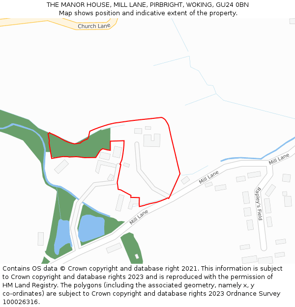 THE MANOR HOUSE, MILL LANE, PIRBRIGHT, WOKING, GU24 0BN: Location map and indicative extent of plot