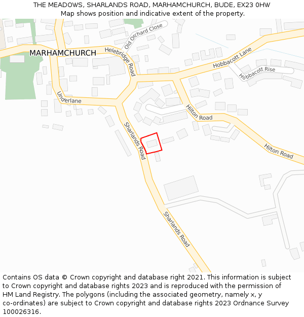 THE MEADOWS, SHARLANDS ROAD, MARHAMCHURCH, BUDE, EX23 0HW: Location map and indicative extent of plot