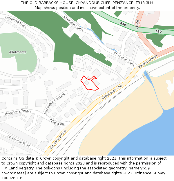 THE OLD BARRACKS HOUSE, CHYANDOUR CLIFF, PENZANCE, TR18 3LH: Location map and indicative extent of plot