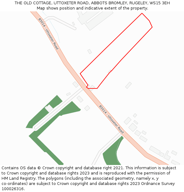 THE OLD COTTAGE, UTTOXETER ROAD, ABBOTS BROMLEY, RUGELEY, WS15 3EH: Location map and indicative extent of plot