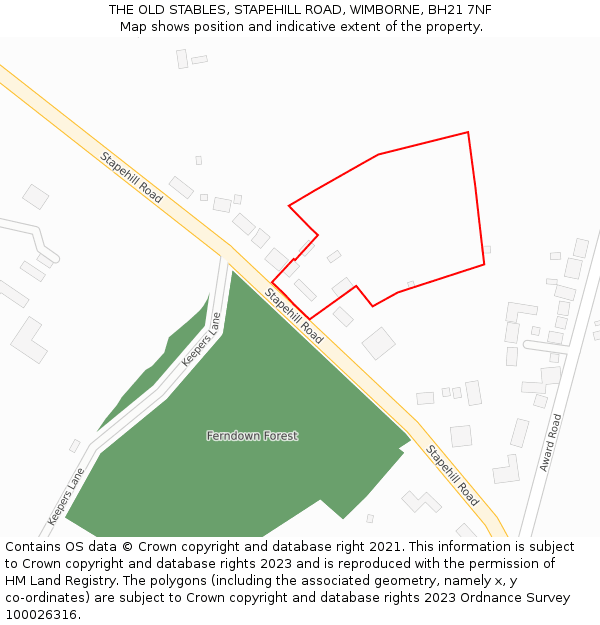 THE OLD STABLES, STAPEHILL ROAD, WIMBORNE, BH21 7NF: Location map and indicative extent of plot