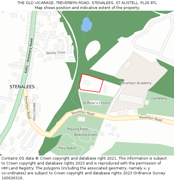 THE OLD VICARAGE, TREVERBYN ROAD, STENALEES, ST AUSTELL, PL26 8TL: Location map and indicative extent of plot