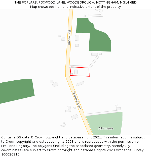 THE POPLARS, FOXWOOD LANE, WOODBOROUGH, NOTTINGHAM, NG14 6ED: Location map and indicative extent of plot