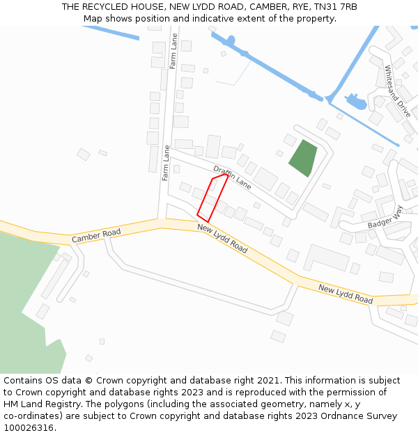 THE RECYCLED HOUSE, NEW LYDD ROAD, CAMBER, RYE, TN31 7RB: Location map and indicative extent of plot