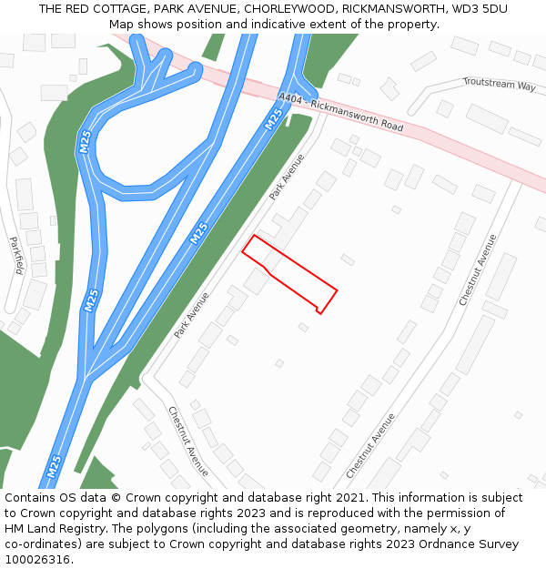 THE RED COTTAGE, PARK AVENUE, CHORLEYWOOD, RICKMANSWORTH, WD3 5DU: Location map and indicative extent of plot