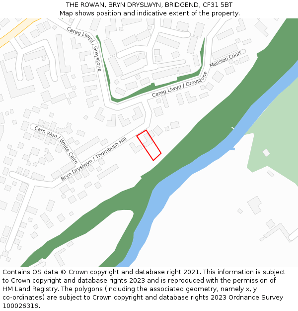 THE ROWAN, BRYN DRYSLWYN, BRIDGEND, CF31 5BT: Location map and indicative extent of plot