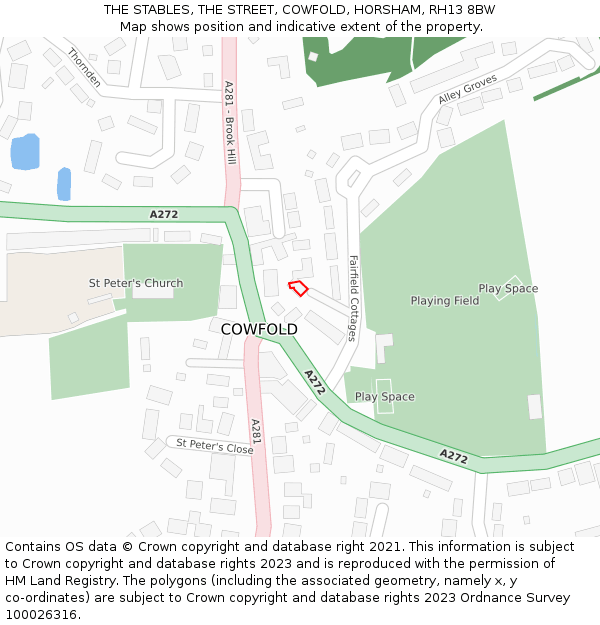 THE STABLES, THE STREET, COWFOLD, HORSHAM, RH13 8BW: Location map and indicative extent of plot