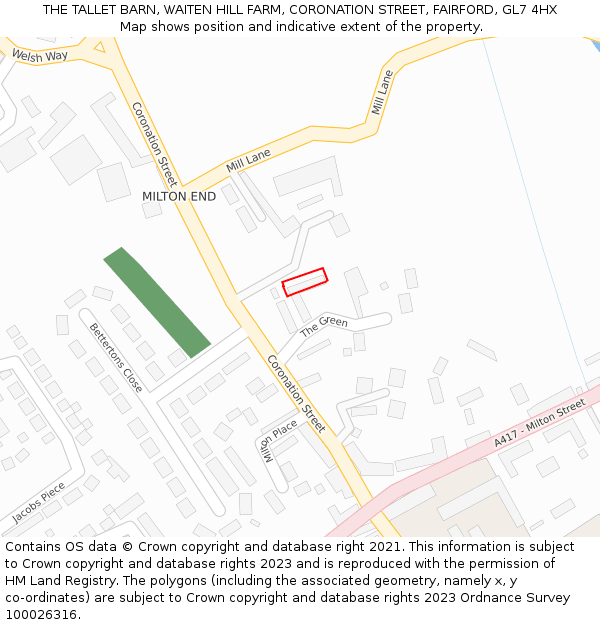 THE TALLET BARN, WAITEN HILL FARM, CORONATION STREET, FAIRFORD, GL7 4HX: Location map and indicative extent of plot