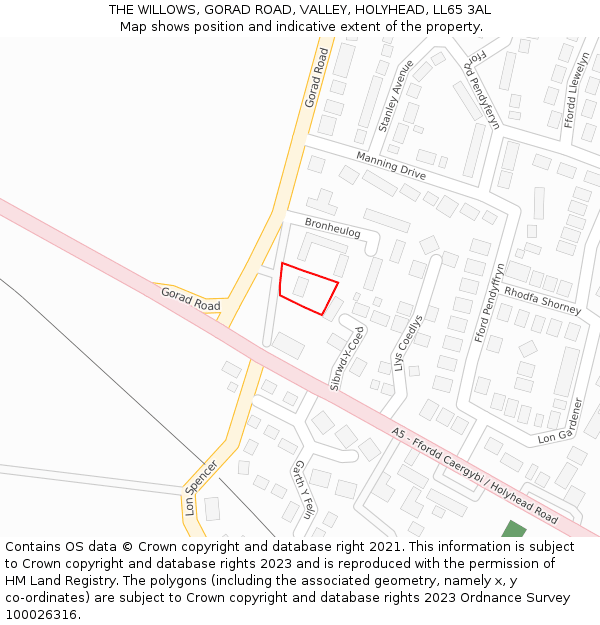 THE WILLOWS, GORAD ROAD, VALLEY, HOLYHEAD, LL65 3AL: Location map and indicative extent of plot