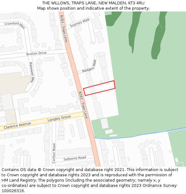 THE WILLOWS, TRAPS LANE, NEW MALDEN, KT3 4RU: Location map and indicative extent of plot