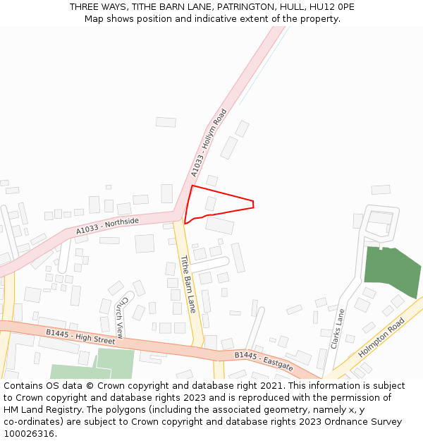 THREE WAYS, TITHE BARN LANE, PATRINGTON, HULL, HU12 0PE: Location map and indicative extent of plot