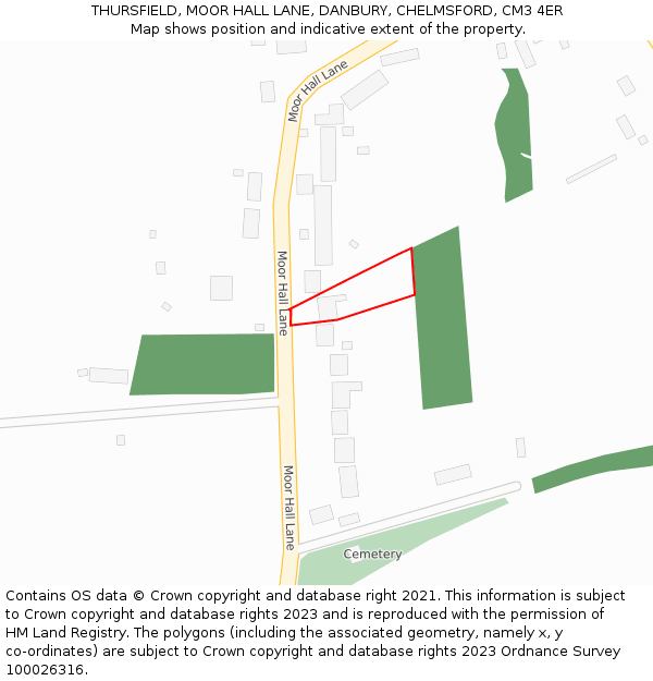 THURSFIELD, MOOR HALL LANE, DANBURY, CHELMSFORD, CM3 4ER: Location map and indicative extent of plot