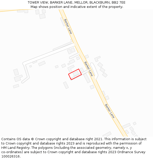 TOWER VIEW, BARKER LANE, MELLOR, BLACKBURN, BB2 7EE: Location map and indicative extent of plot