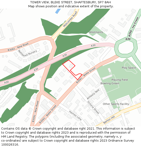 TOWER VIEW, BLEKE STREET, SHAFTESBURY, SP7 8AH: Location map and indicative extent of plot