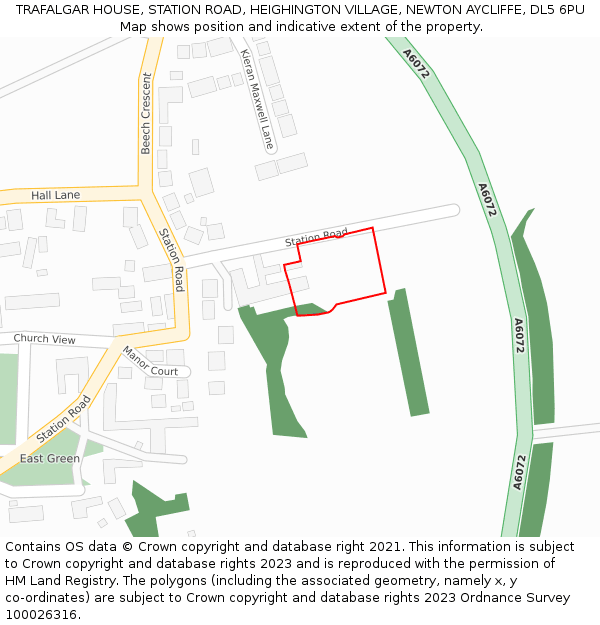 TRAFALGAR HOUSE, STATION ROAD, HEIGHINGTON VILLAGE, NEWTON AYCLIFFE, DL5 6PU: Location map and indicative extent of plot