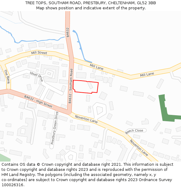 TREE TOPS, SOUTHAM ROAD, PRESTBURY, CHELTENHAM, GL52 3BB: Location map and indicative extent of plot