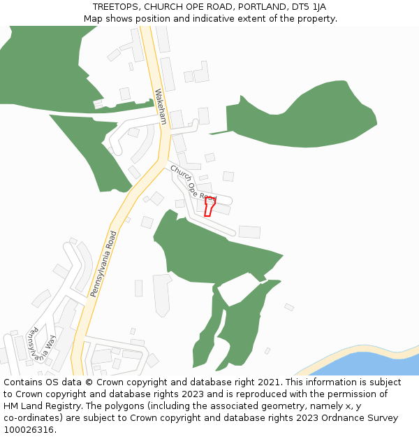 TREETOPS, CHURCH OPE ROAD, PORTLAND, DT5 1JA: Location map and indicative extent of plot