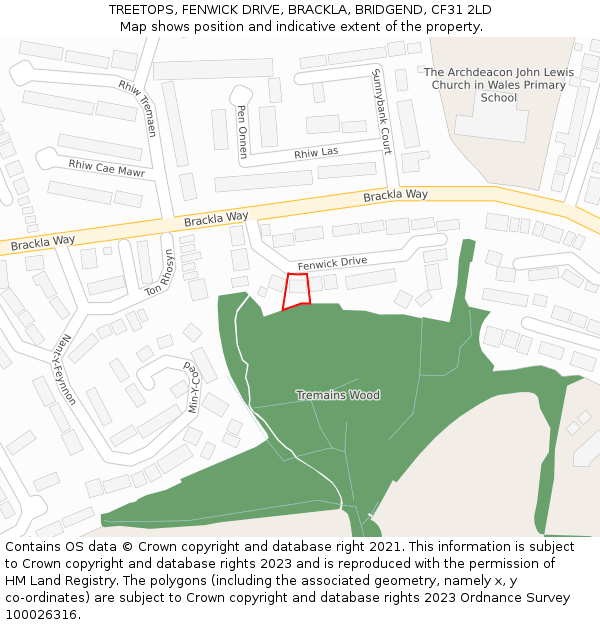 TREETOPS, FENWICK DRIVE, BRACKLA, BRIDGEND, CF31 2LD: Location map and indicative extent of plot