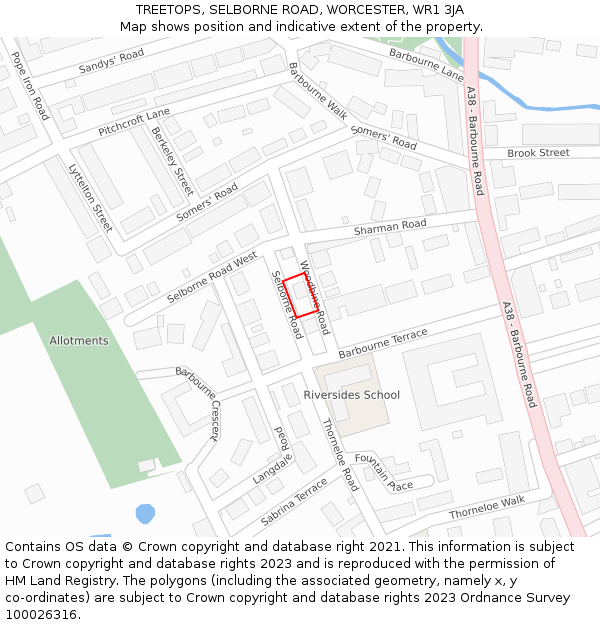 TREETOPS, SELBORNE ROAD, WORCESTER, WR1 3JA: Location map and indicative extent of plot