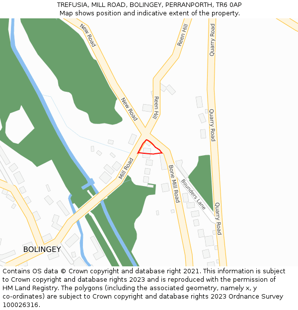 TREFUSIA, MILL ROAD, BOLINGEY, PERRANPORTH, TR6 0AP: Location map and indicative extent of plot