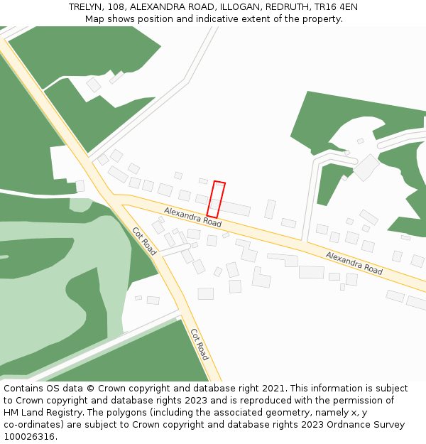 TRELYN, 108, ALEXANDRA ROAD, ILLOGAN, REDRUTH, TR16 4EN: Location map and indicative extent of plot