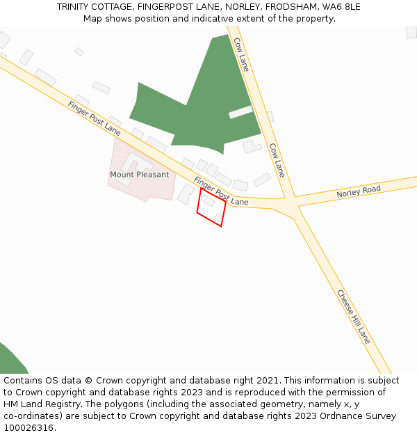 TRINITY COTTAGE, FINGERPOST LANE, NORLEY, FRODSHAM, WA6 8LE: Location map and indicative extent of plot