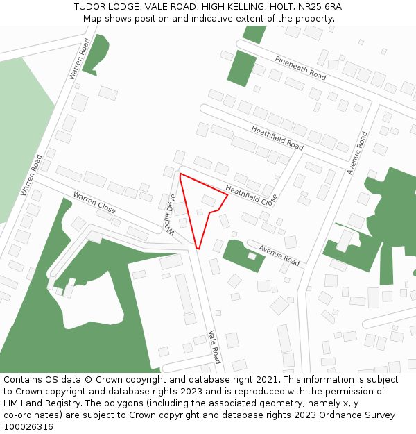 TUDOR LODGE, VALE ROAD, HIGH KELLING, HOLT, NR25 6RA: Location map and indicative extent of plot