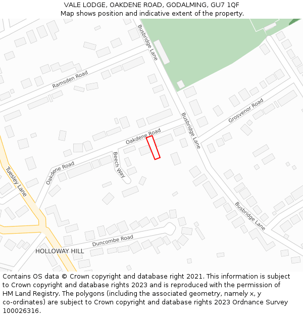 VALE LODGE, OAKDENE ROAD, GODALMING, GU7 1QF: Location map and indicative extent of plot