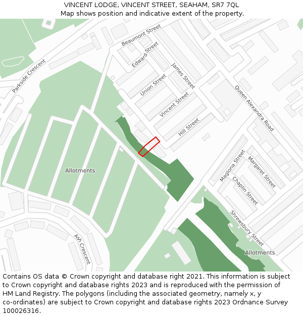 VINCENT LODGE, VINCENT STREET, SEAHAM, SR7 7QL: Location map and indicative extent of plot