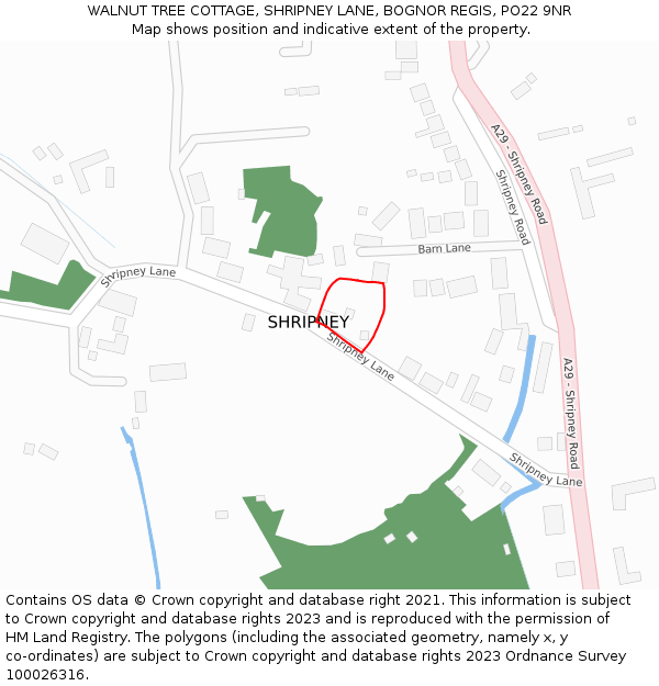 WALNUT TREE COTTAGE, SHRIPNEY LANE, BOGNOR REGIS, PO22 9NR: Location map and indicative extent of plot