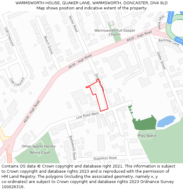 WARMSWORTH HOUSE, QUAKER LANE, WARMSWORTH, DONCASTER, DN4 9LD: Location map and indicative extent of plot