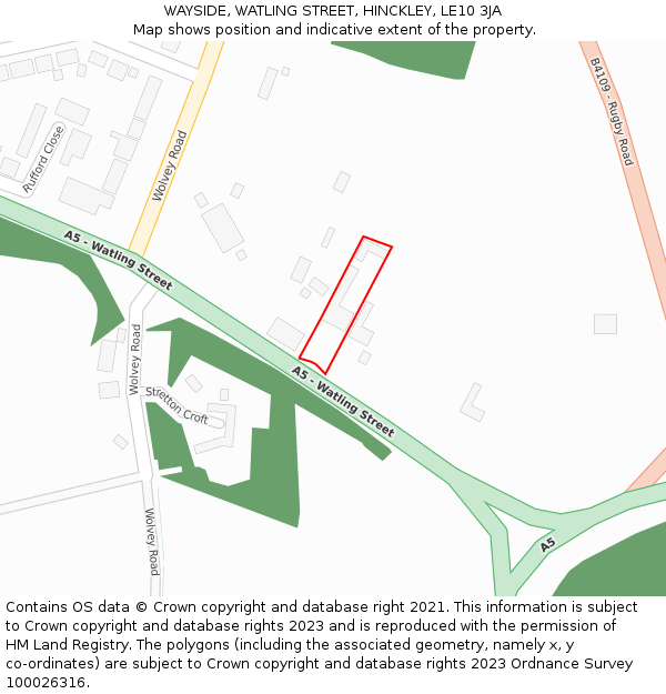 WAYSIDE, WATLING STREET, HINCKLEY, LE10 3JA: Location map and indicative extent of plot