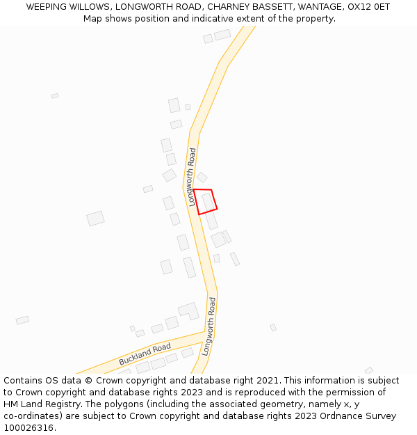 WEEPING WILLOWS, LONGWORTH ROAD, CHARNEY BASSETT, WANTAGE, OX12 0ET: Location map and indicative extent of plot